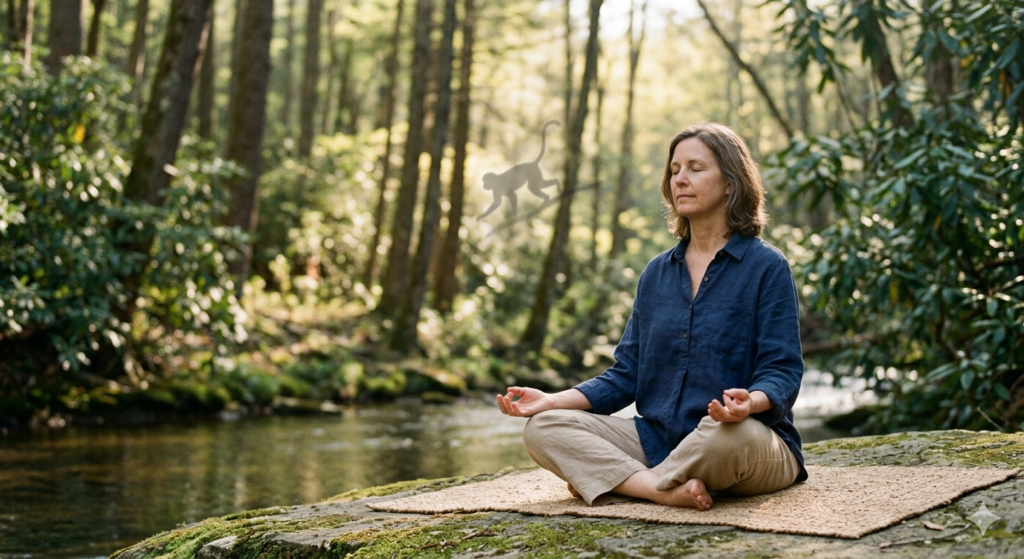 Person meditating while a monkey mind silhouette represents mental chaos.